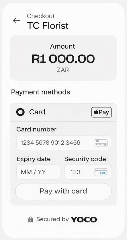 Direct card payment checkout with Visa Mastercard and American Express for South Africa florist websites